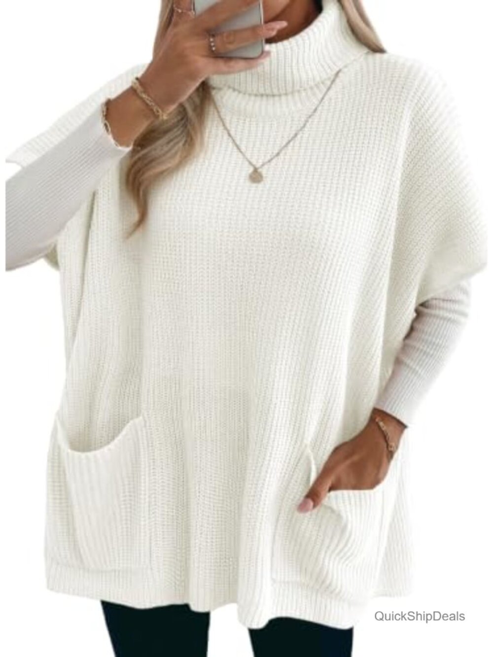 Crochet Knit Turtleneck Sweater Vest Sleeveless with Pockets